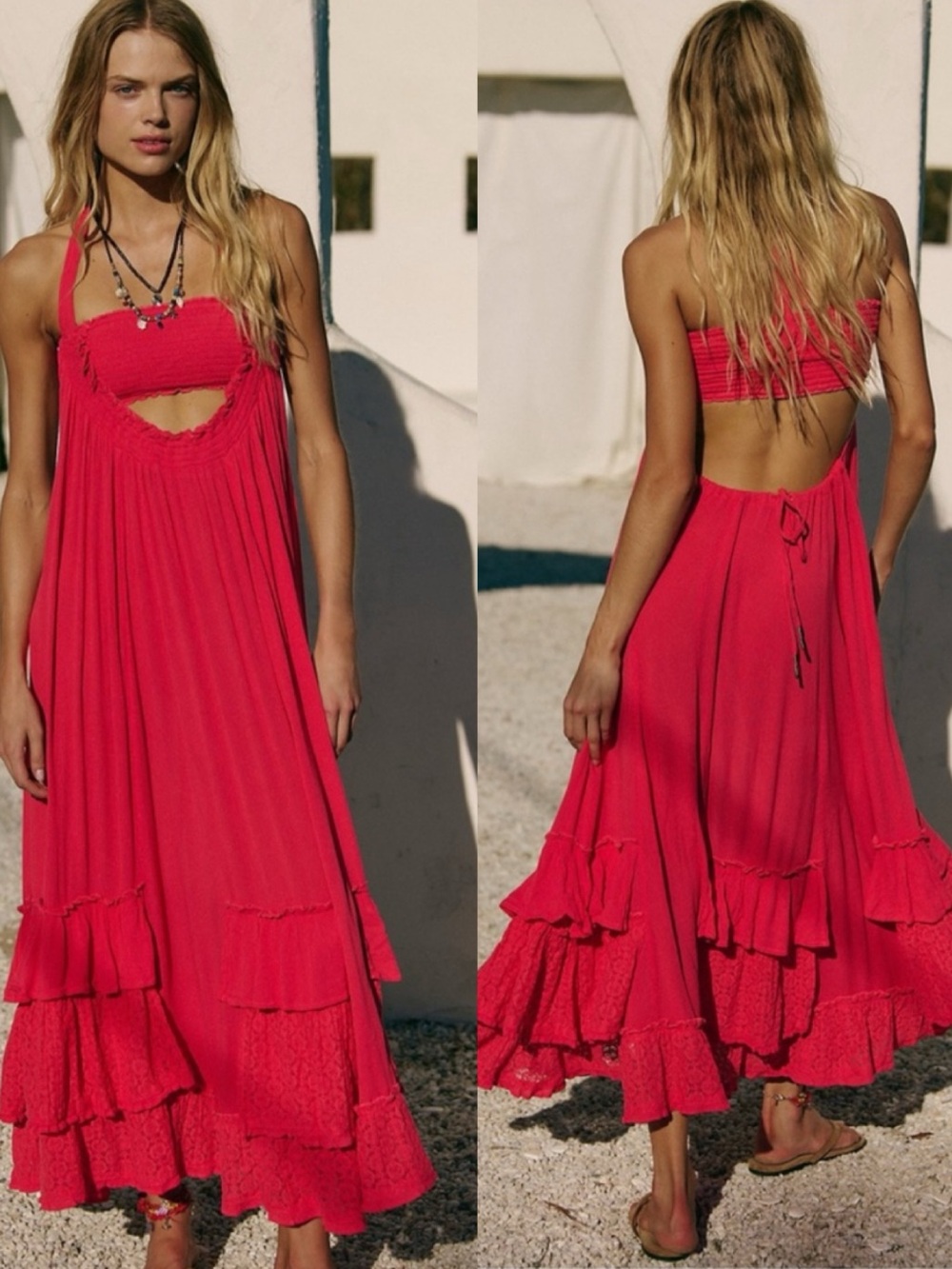 Free People Kauri Maxi Dress Boho Gauzey Free-est Tiered Smocked Medium Pink